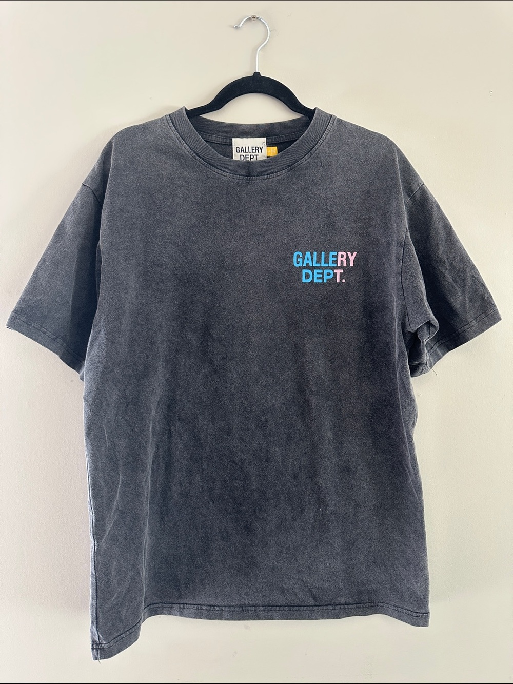 Gallery Dept Black Vintage-Wash Short Sleeve Tee with Blue & Pink Logo